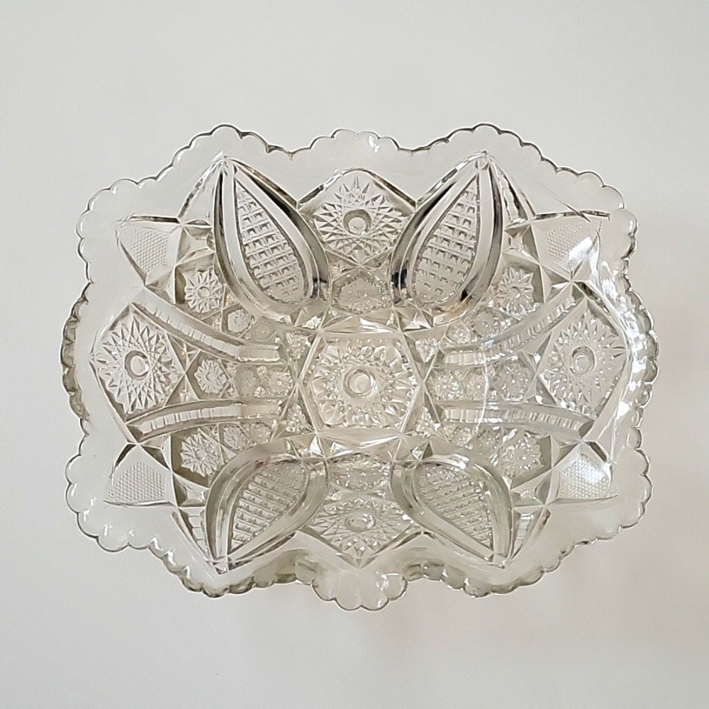 Vintage Cut Glass Crystal Rectangular Scallop Edge Starburst Bowl
